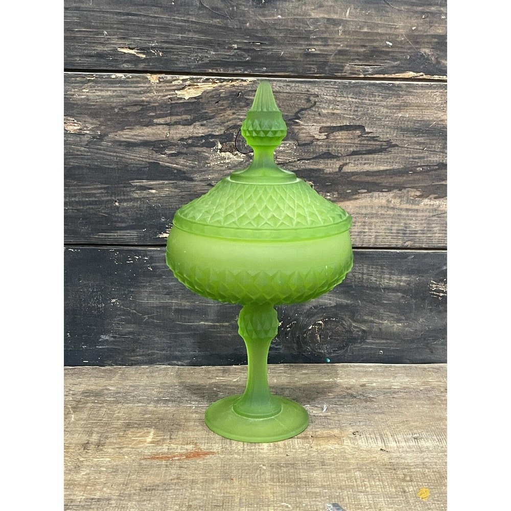 INDIANA GLASS DIAMOND POINT GREEN FROSTED SATIN PEDESTAL COMPOTE CANDY DISH